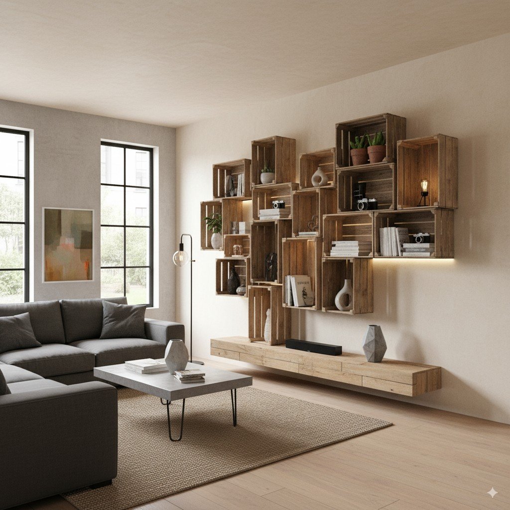 Render fotorrealista de uma sala com prateleiras feitas de caixotes reutilizados, estilo rústico e moderno. DIY
