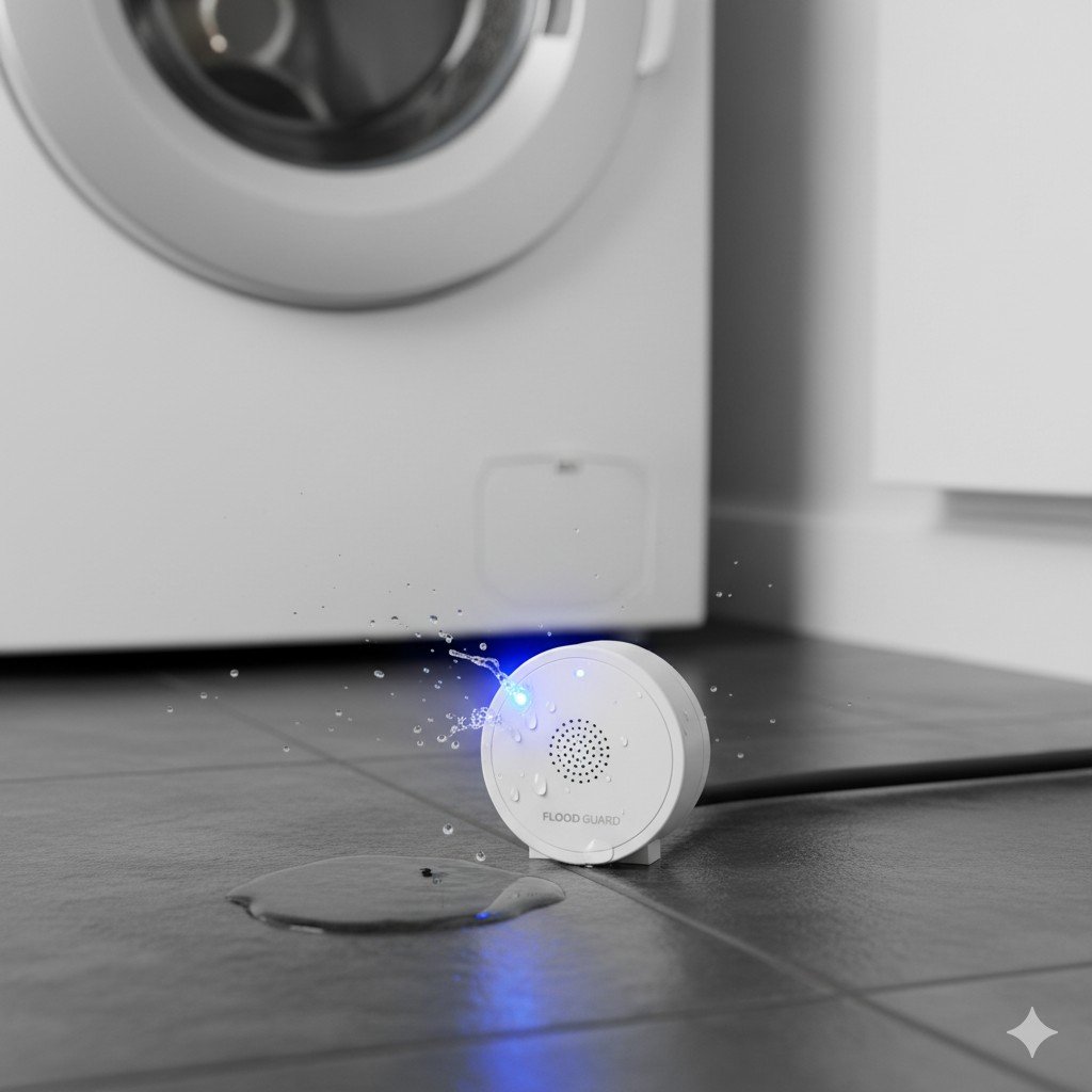 Close-up realista de sensor de vazamento instalado próximo à máquina de lavar detectando água no piso.