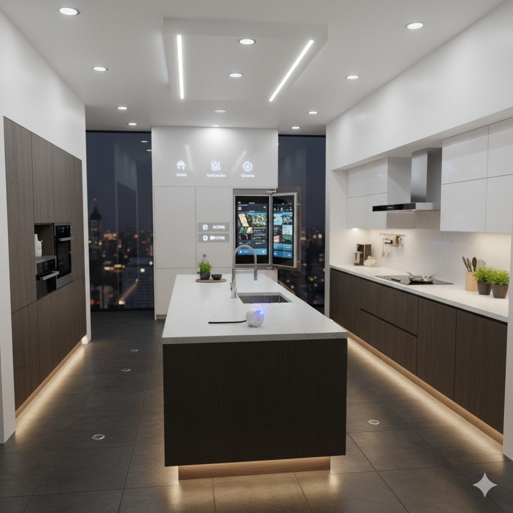Vista ampla realista de cozinha automatizada com sensores inteligentes de iluminação e água.