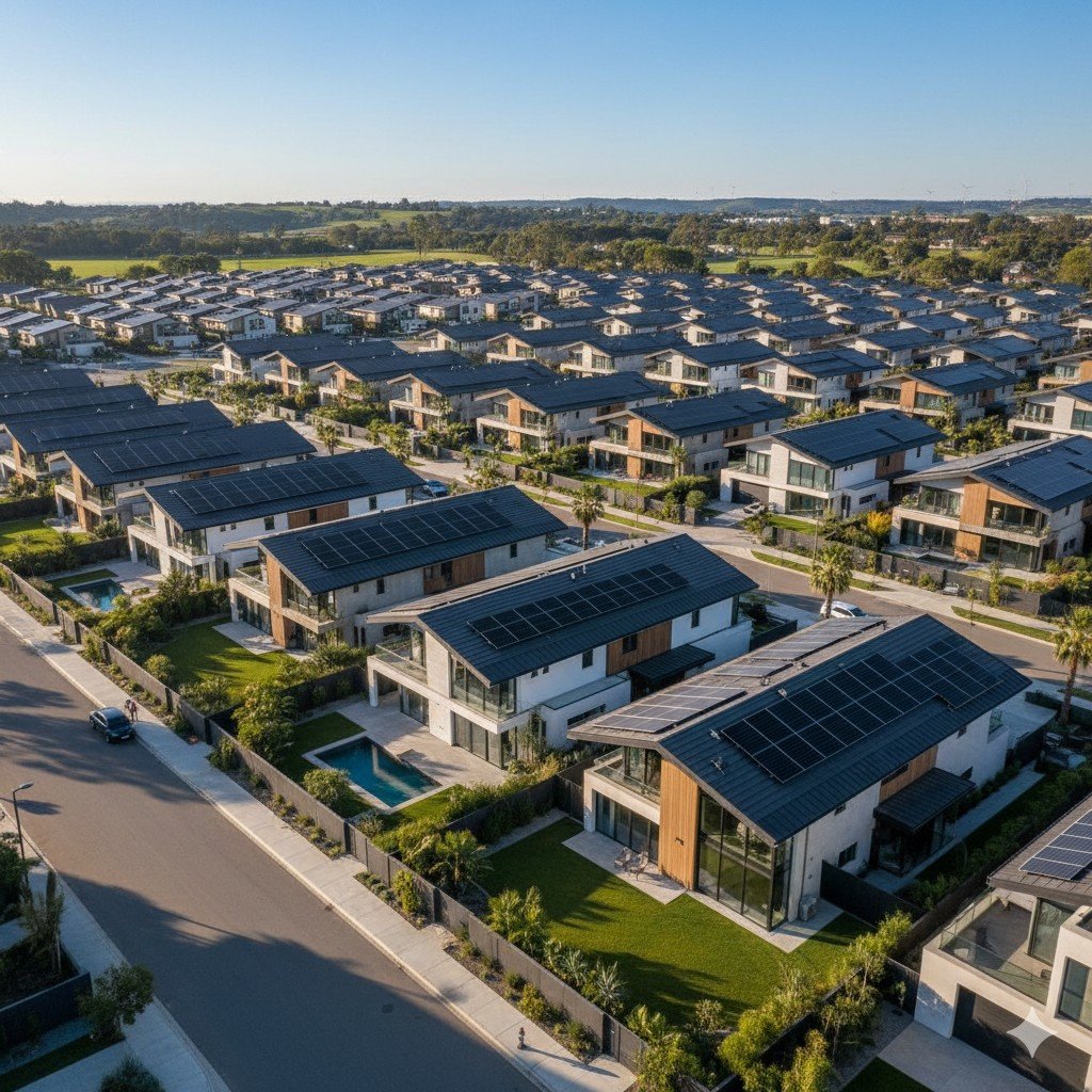 Vista ampla de bairro residencial com telhados solares. Energia Solar