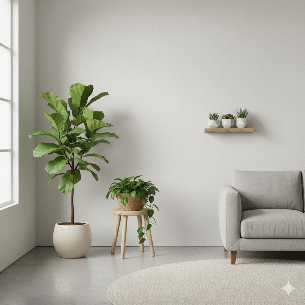 Foto realista de parede pintada com tinta ecológica clara, ambiente minimalista com plantas.