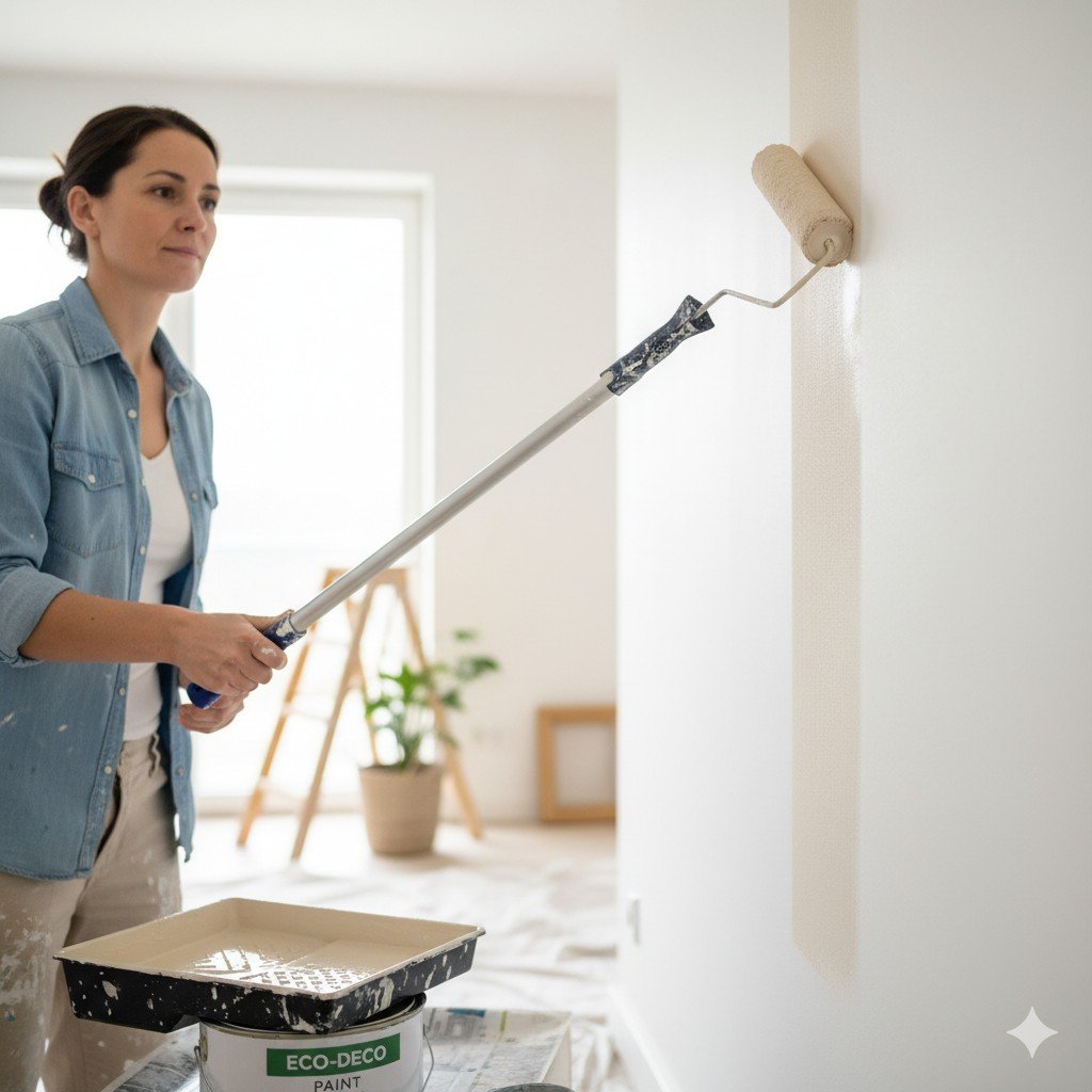 Close-up realista de pessoa pintando parede com rolo e tinta ecológica em ambiente doméstico iluminado.