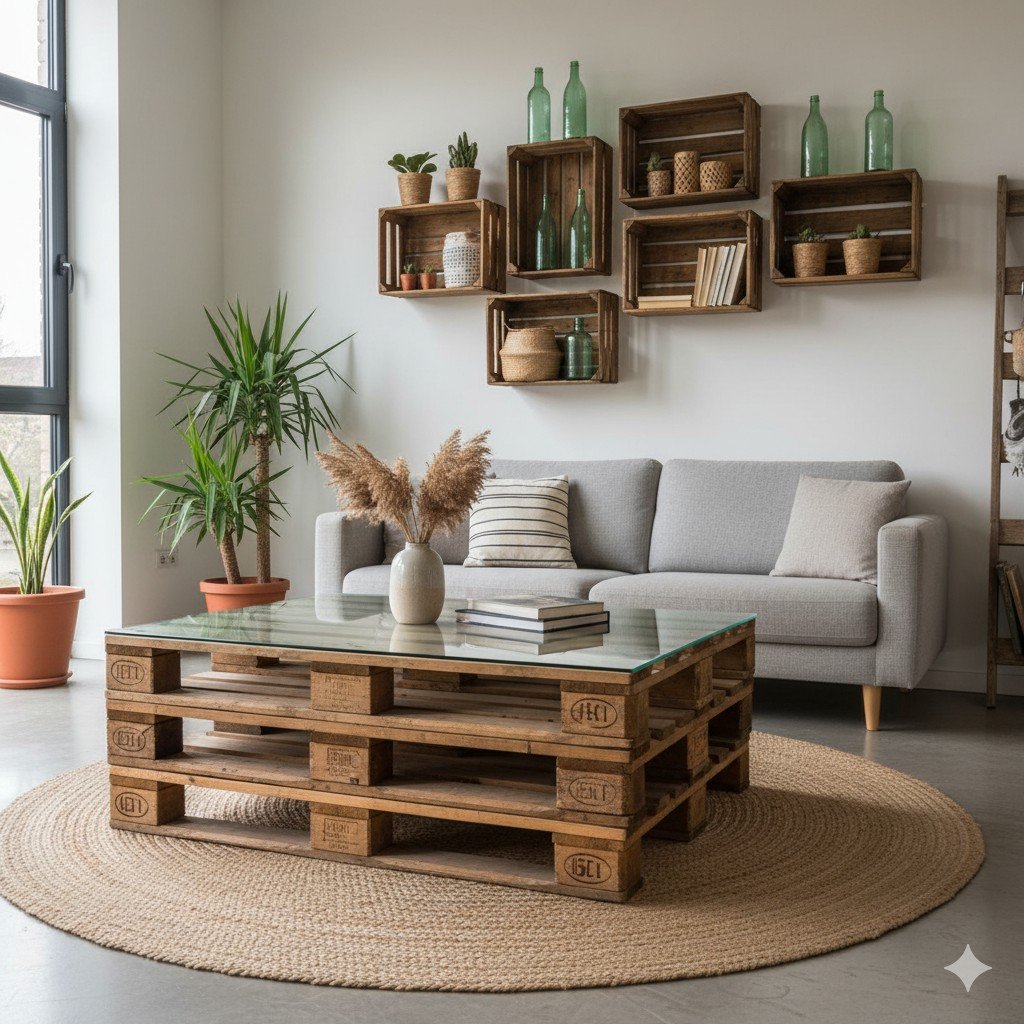 Foto realista de sala com mesa feita de pallets e prateleiras de caixotes reciclados. upcycling na decoração sustentável
