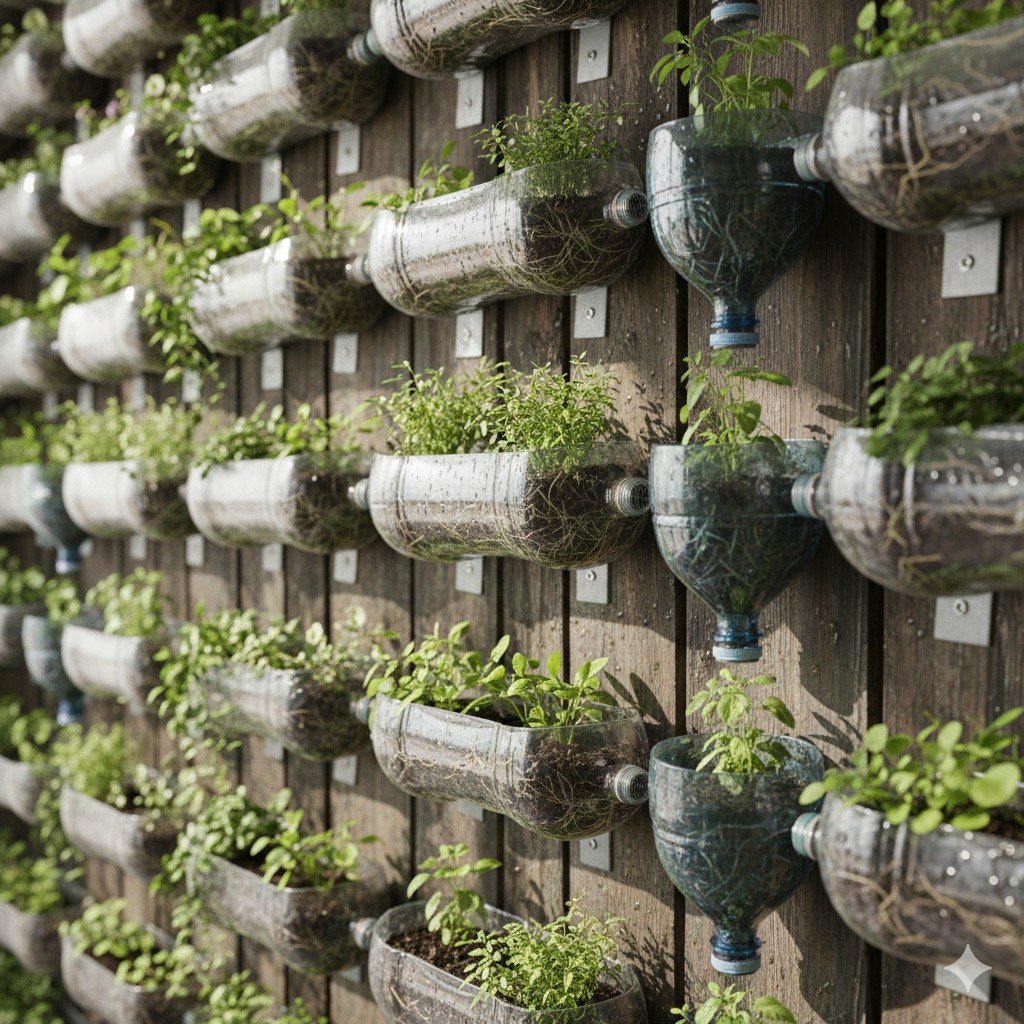 Close-up realista de garrafas PET cortadas e fixadas na parede como módulos para plantas.