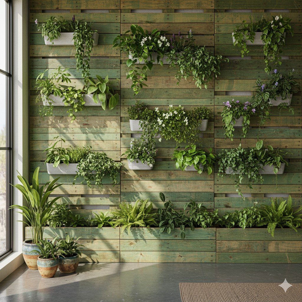 Foto realista de uma parede com painel verde feito de pallets reaproveitados, plantas vivas organizadas e iluminação natural.