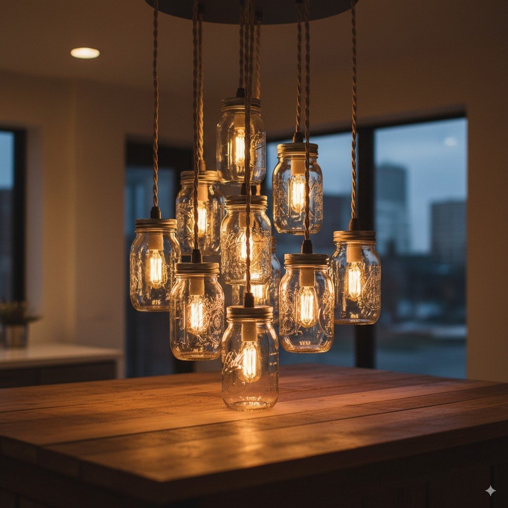 Potes de vidro reciclados transformados em luminárias suspensas com lâmpadas LED Foto realista de potes de vidro suspensos como luminárias com lâmpadas LED.