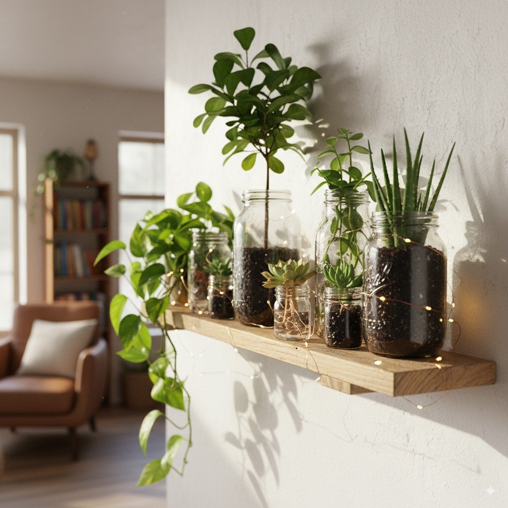 Prateleira de madeira decorada com potes de vidro reaproveitados como vasos de plantas e suculentas Foto realista de prateleira decorada com potes de vidro reaproveitados como vasos de plantas.