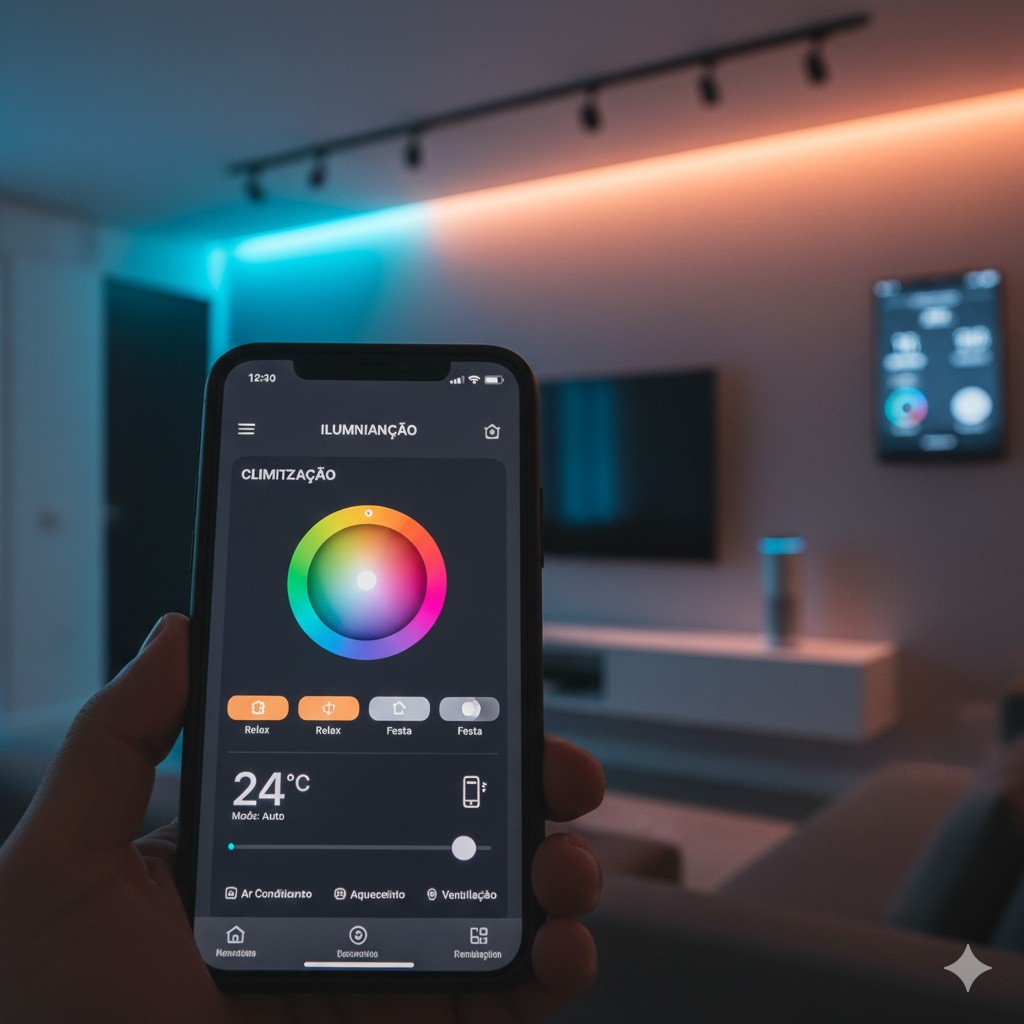 Aplicativo controlando luzes e climatização via celular.