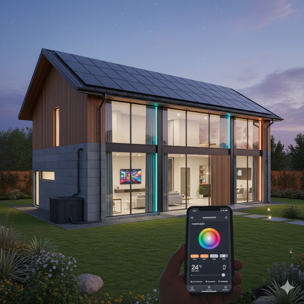Casa iluminada com LED, equipada com painéis solares e IoT.