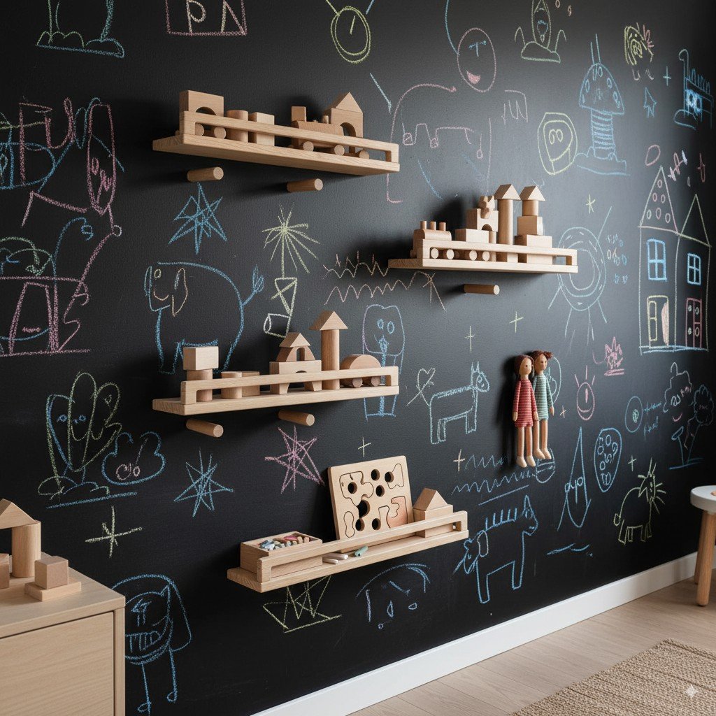 Parede infantil com tinta de quadro negro, desenhos coloridos e brinquedos de madeira.