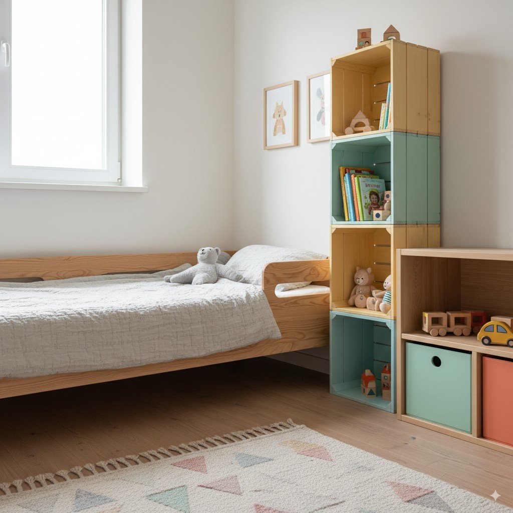 Cama infantil de madeira sustentável e estante reaproveitada com brinquedos.