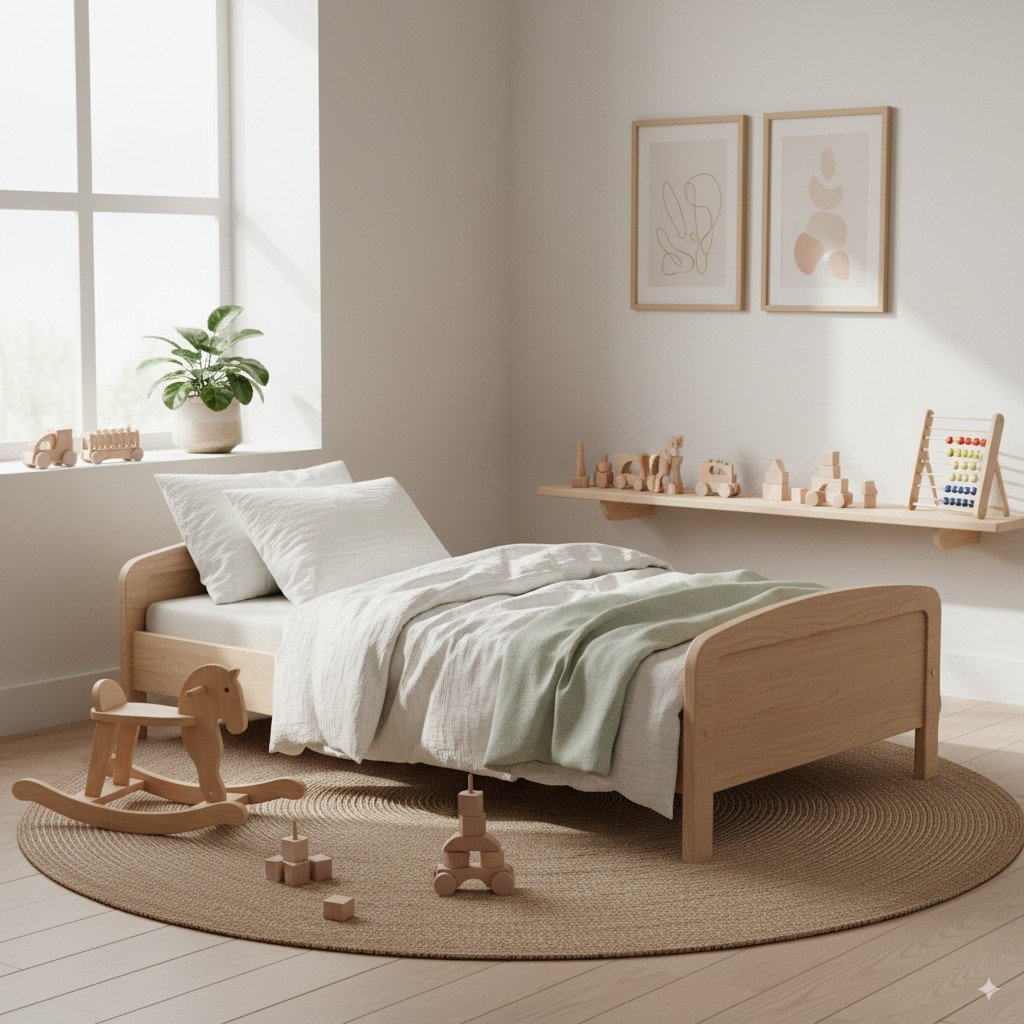Quarto infantil iluminado naturalmente com brinquedos de madeira e roupas de cama de algodão orgânico.