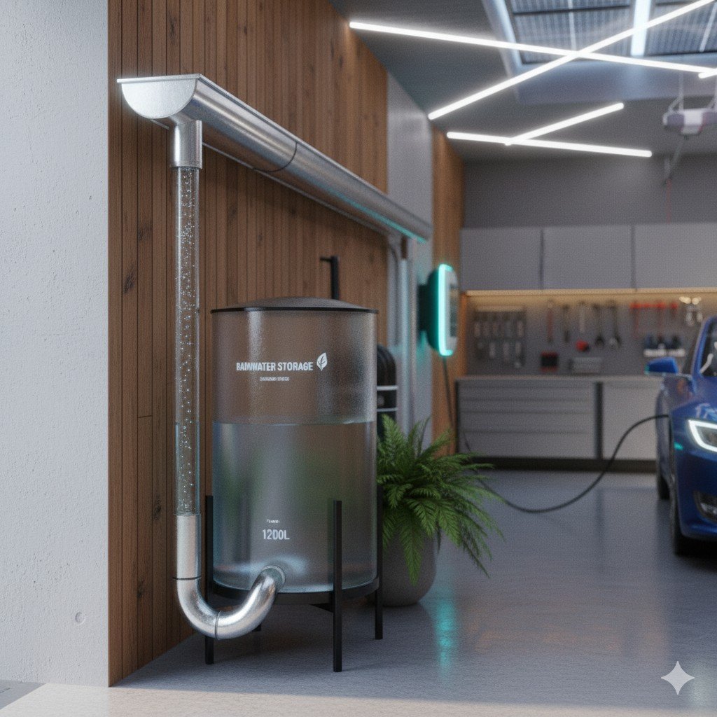 Close-up realista de calhas conduzindo água da chuva para reservatório em garagem sustentável.