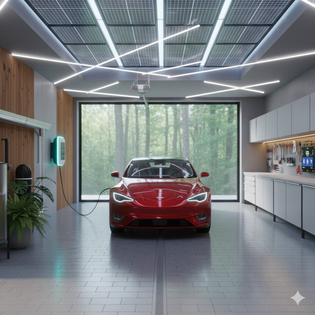 Vista ampla realista de garagem funcional e moderna, com carro elétrico, piso drenante e painéis solares.