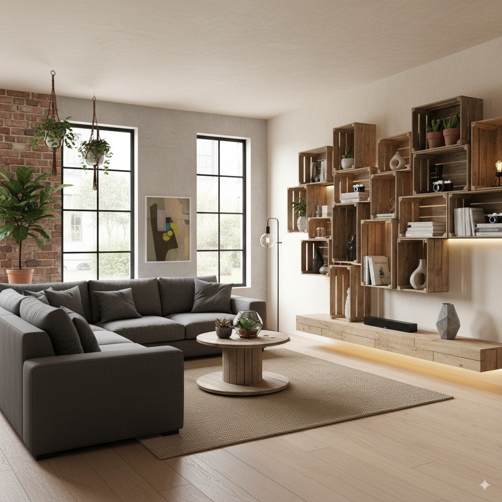 Foto realista de uma sala moderna iluminada naturalmente, com plantas, móveis reaproveitados e tecnologia simples como lâmpadas LED. Casa Sustentável