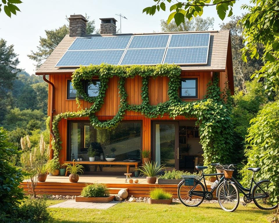 Foto realista de uma casa moderna, iluminada naturalmente, com telhado de energia solar, janelas grandes e jardim verde exuberante. casa sustentável