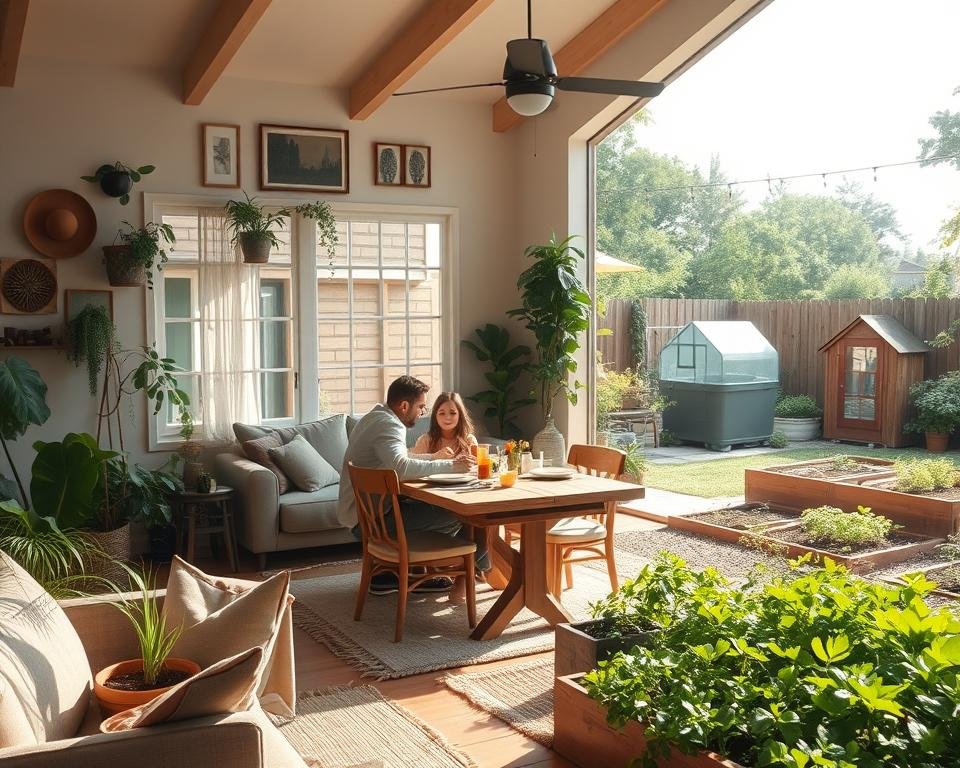 Foto realista de uma família feliz em frente a uma casa moderna com jardim verde e painéis solares no telhado.