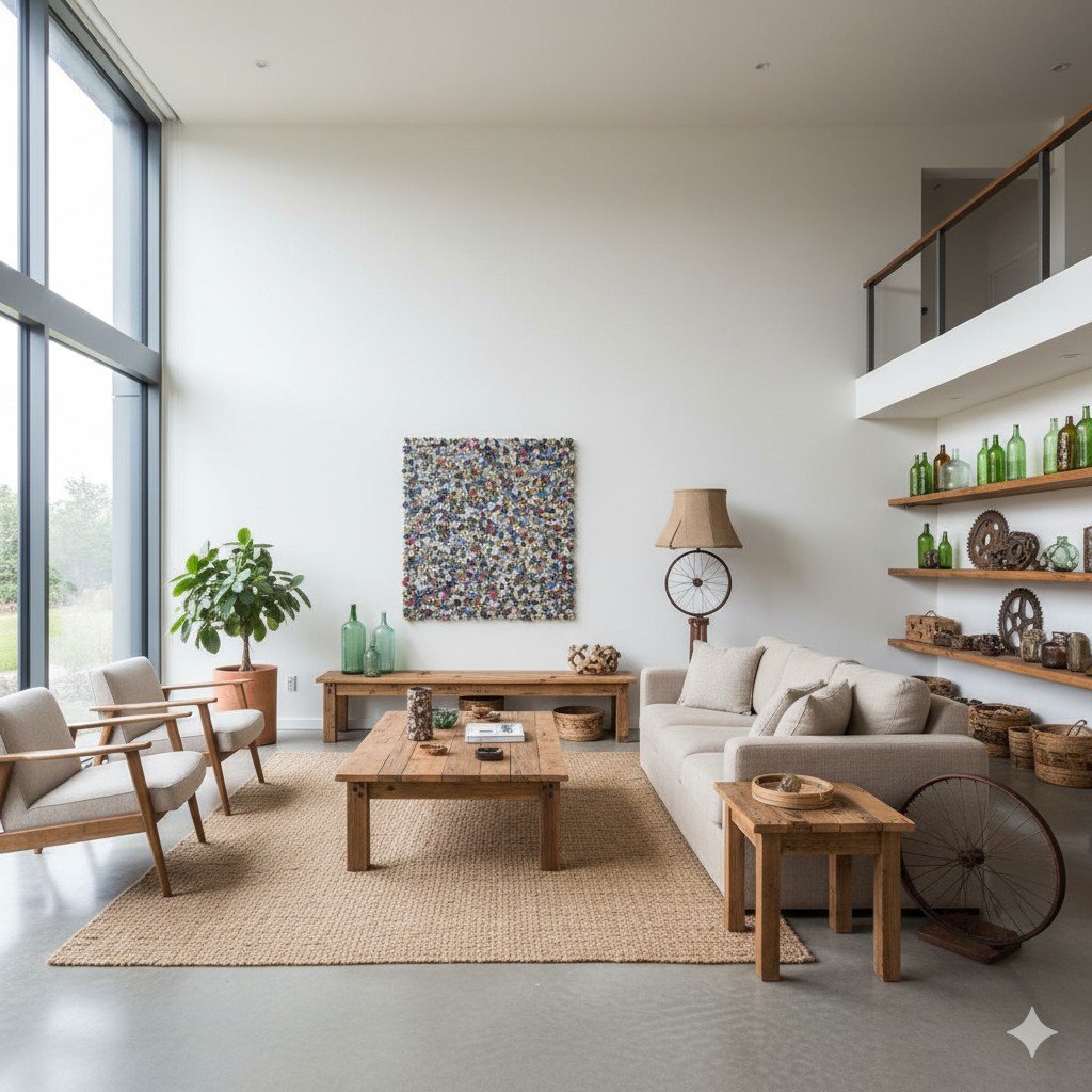 Foto realista de sala moderna decorada com móveis de madeira reaproveitada, tapete natural e vasos com plantas. economia circular em casa