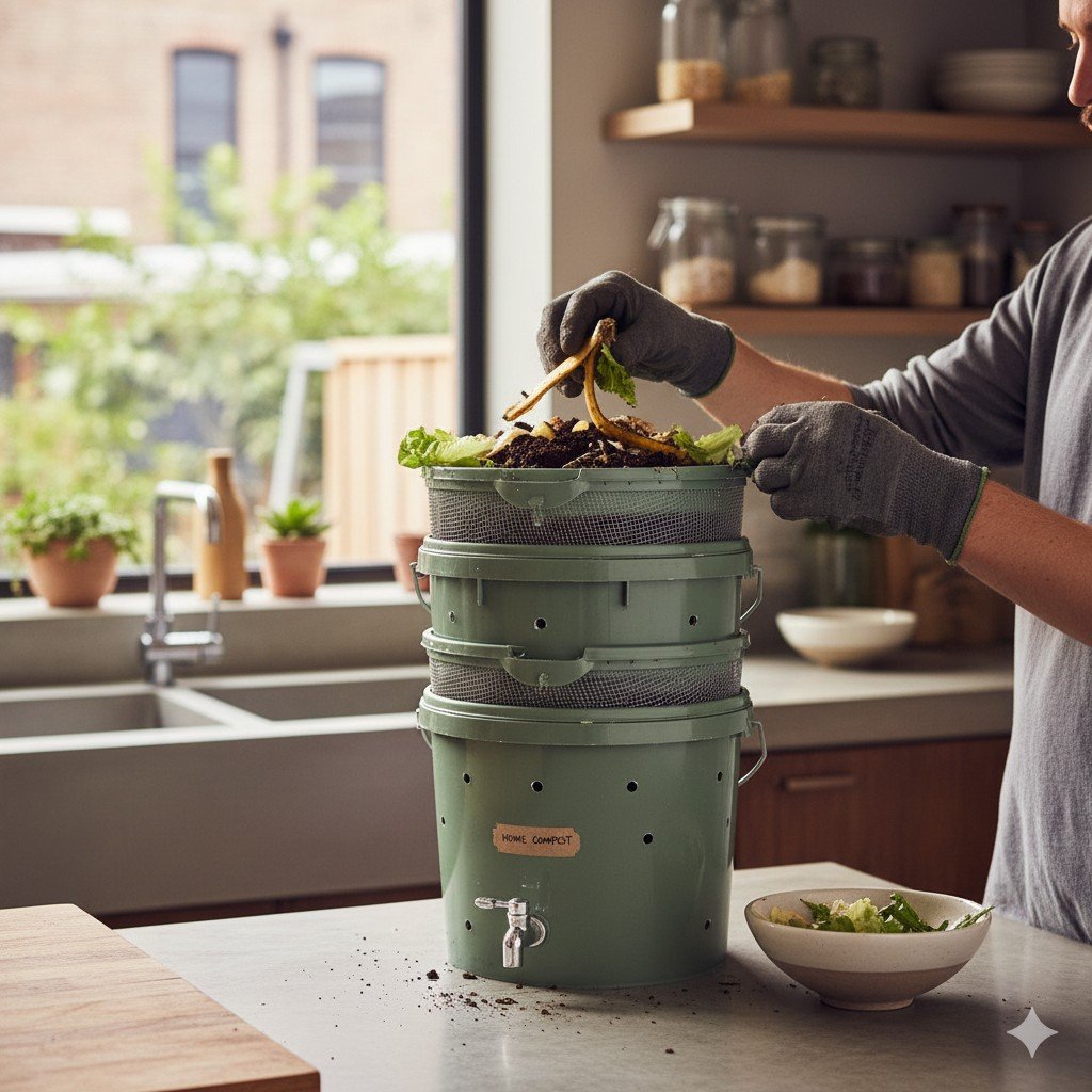 Foto realista de cozinha iluminada por luz natural, com recipientes de vidro, sacolas de pano e plantas. economia circular em casa