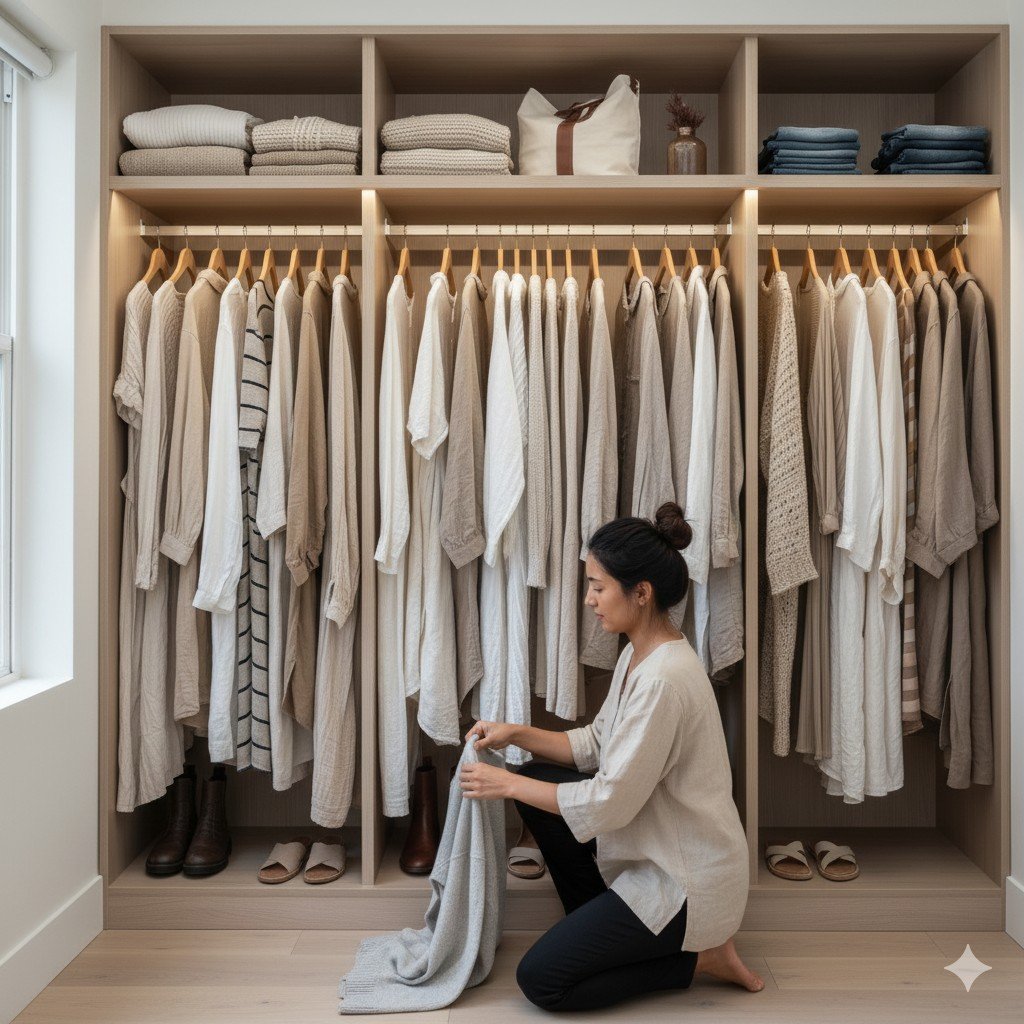 Foto realista de pessoa organizando armário minimalista com roupas básicas e funcionais. consumo consciente