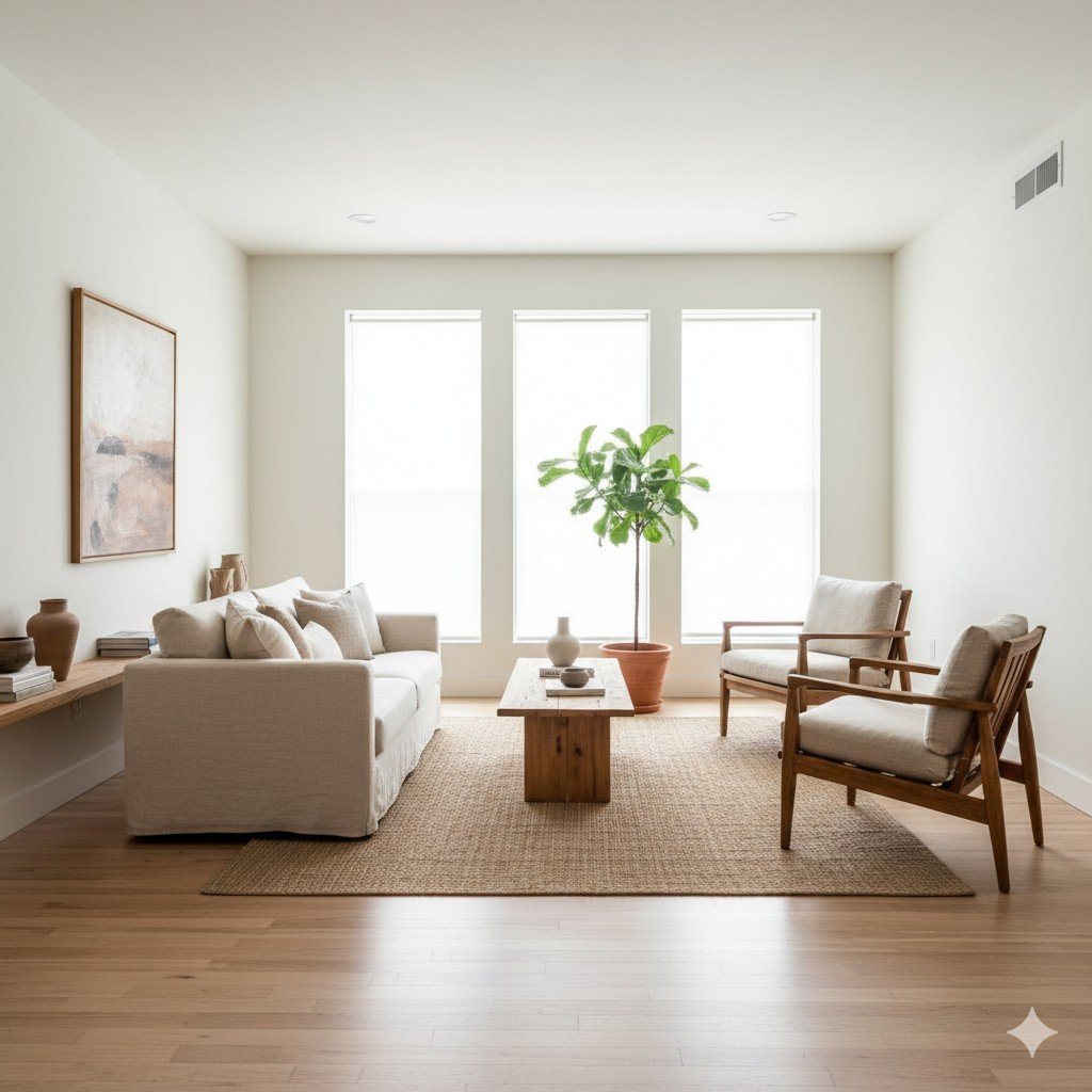 Vista ampla realista de sala minimalista com móveis de madeira clara e plantas, transmitindo calma e equilíbrio. consumo consciente