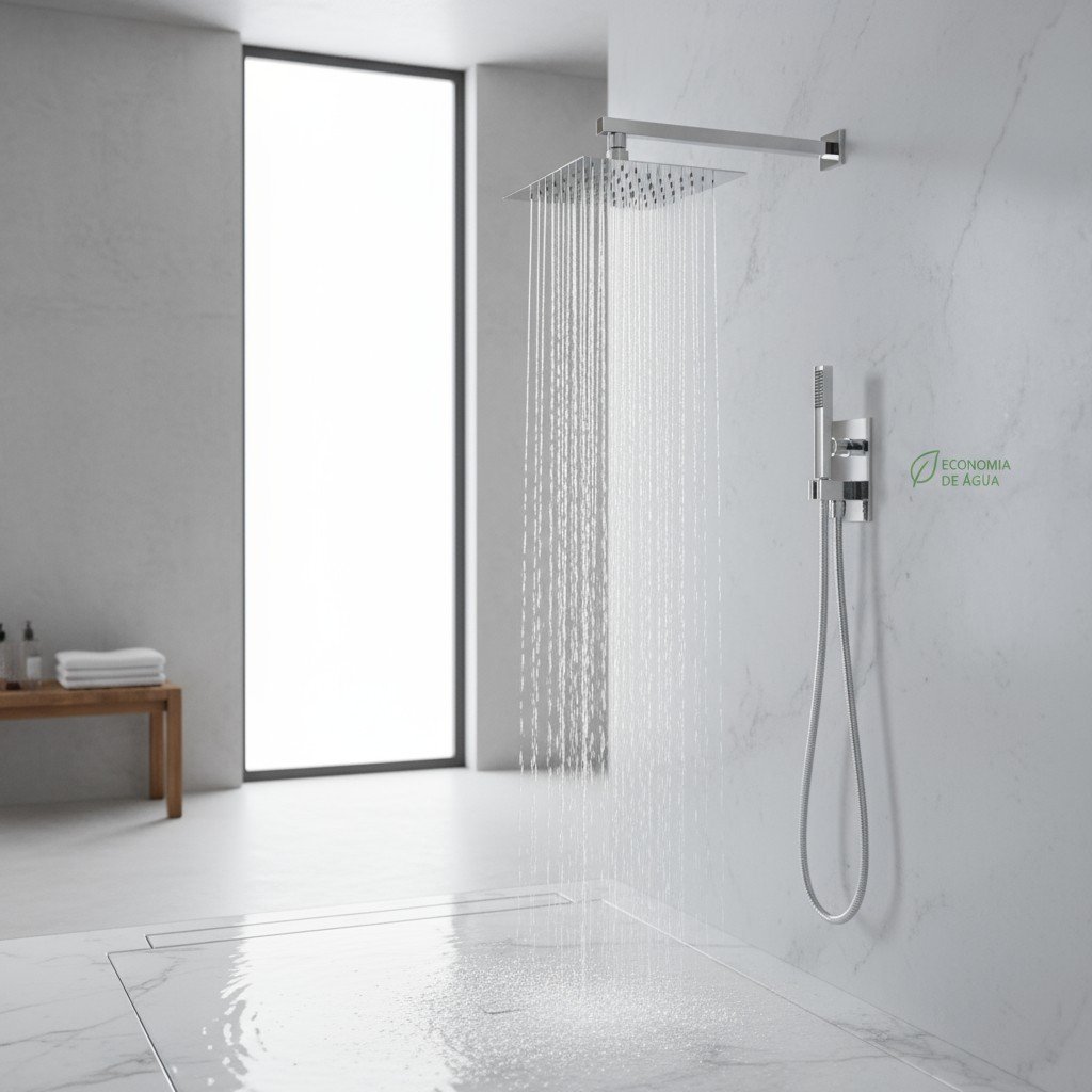 Chuveiro moderno com jato suave em banheiro claro, simbolizando banho consciente.