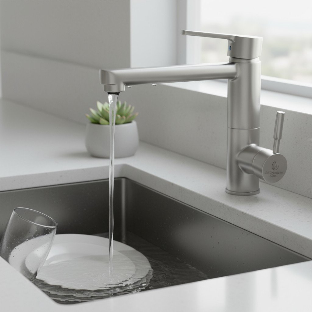 Torneira moderna com fluxo reduzido, simbolizando economia no consumo de água em casa.