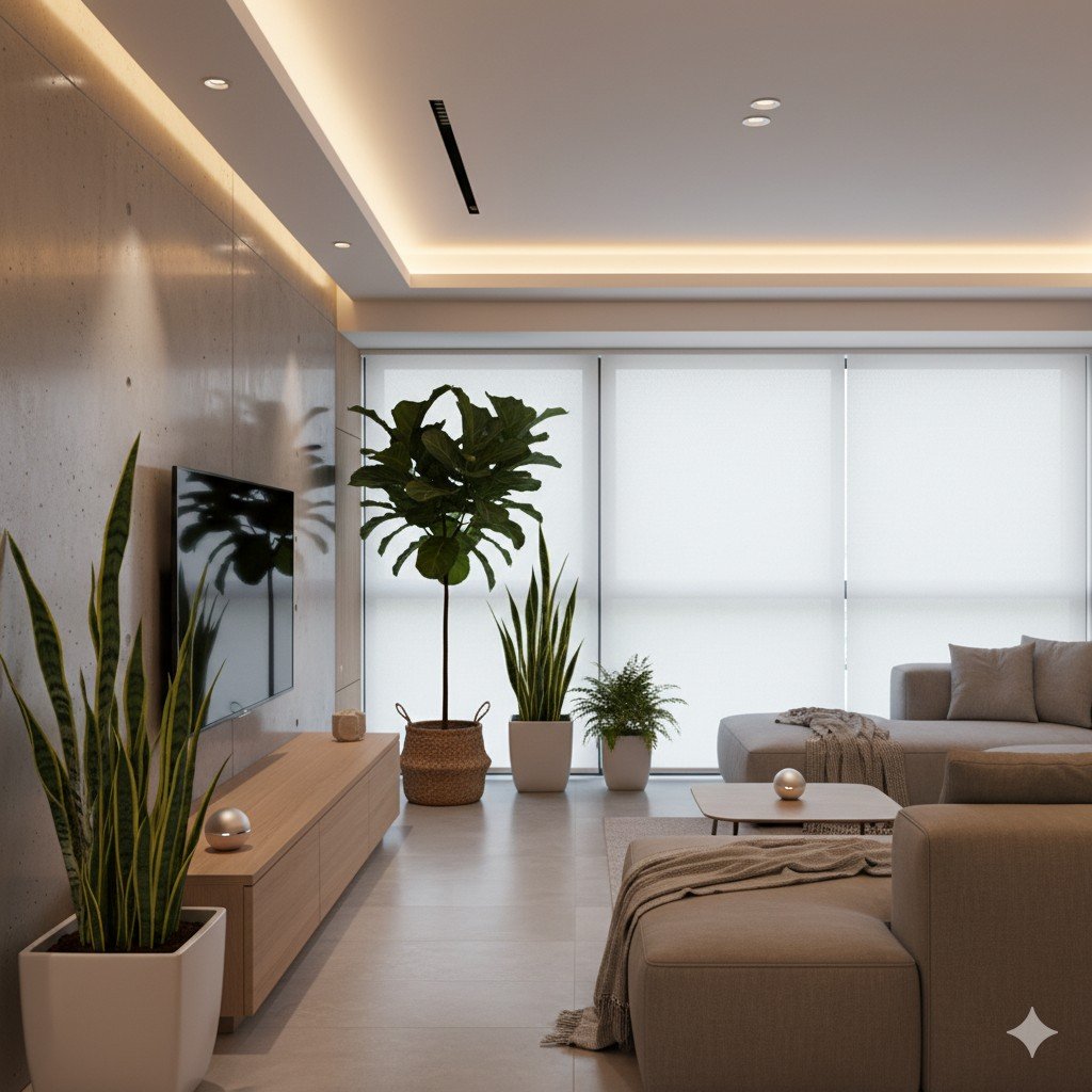 Sala moderna iluminada com LED inteligente, sensores de presença e decoração verde. dispositivos