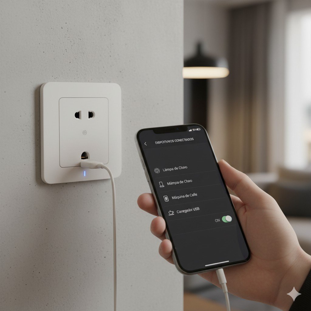 Cozinha moderna equipada com eletrodomésticos inteligentes, torneira com sensor e iluminação LED sustentável.