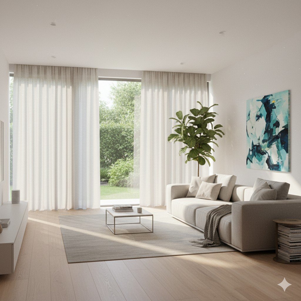 Foto realista de sala de estar moderna com cortinas automatizadas abertas parcialmente pela manhã, luz natural entrando. automação de cortinas e persianas