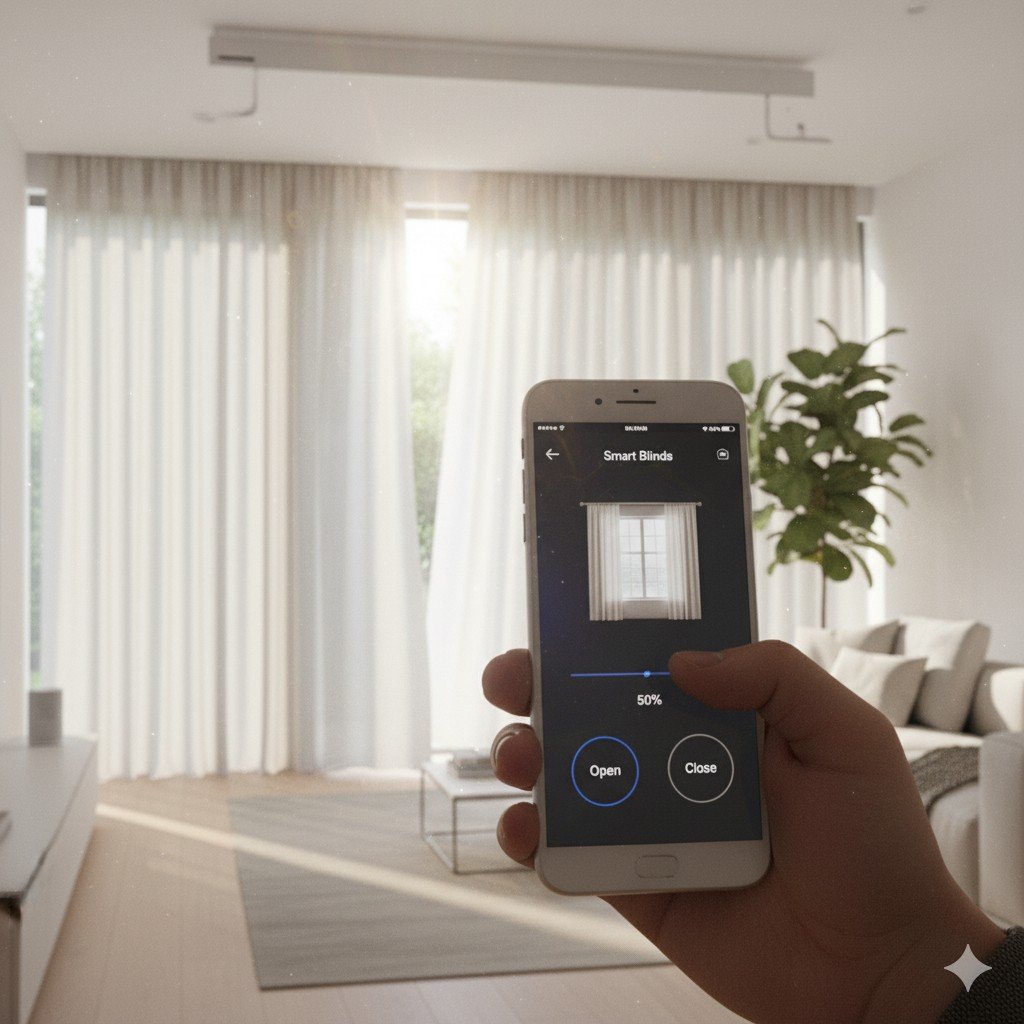 Close-up realista de cortina motorizada sendo controlada por aplicativo em smartphone. automação de cortinas e persianas