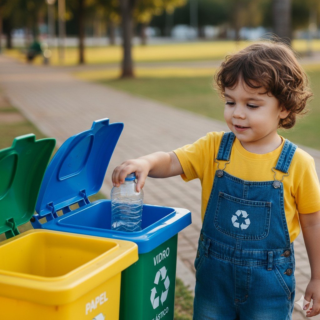 Close-up realista de criança jogando garrafa PET em lixeira de reciclagem colorida. consciência ecológica