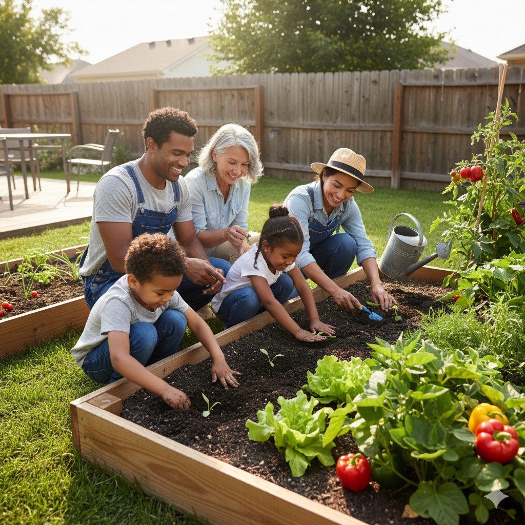 Foto realista de família cuidando de uma horta doméstica com crianças plantando legumes. consciência ecológica