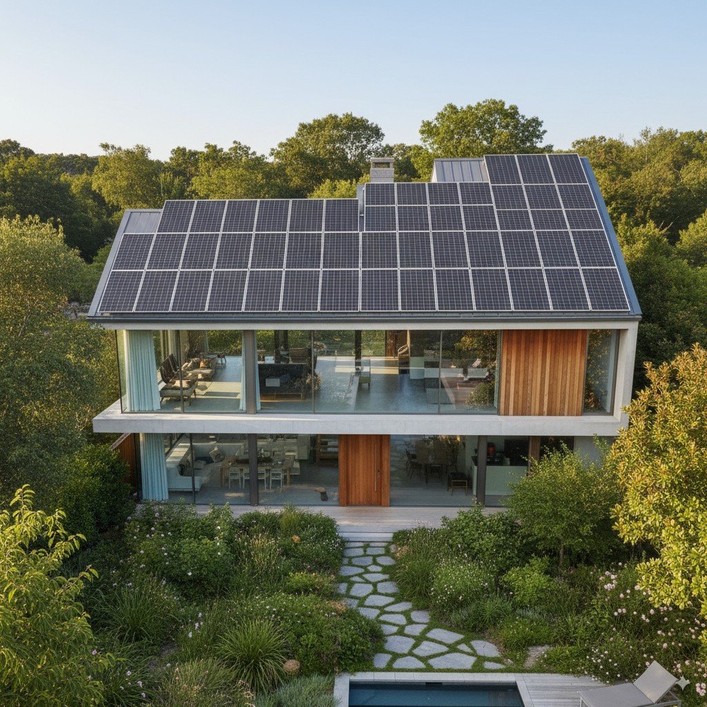 Casa moderna com painéis solares no telhado e jardim sustentável.