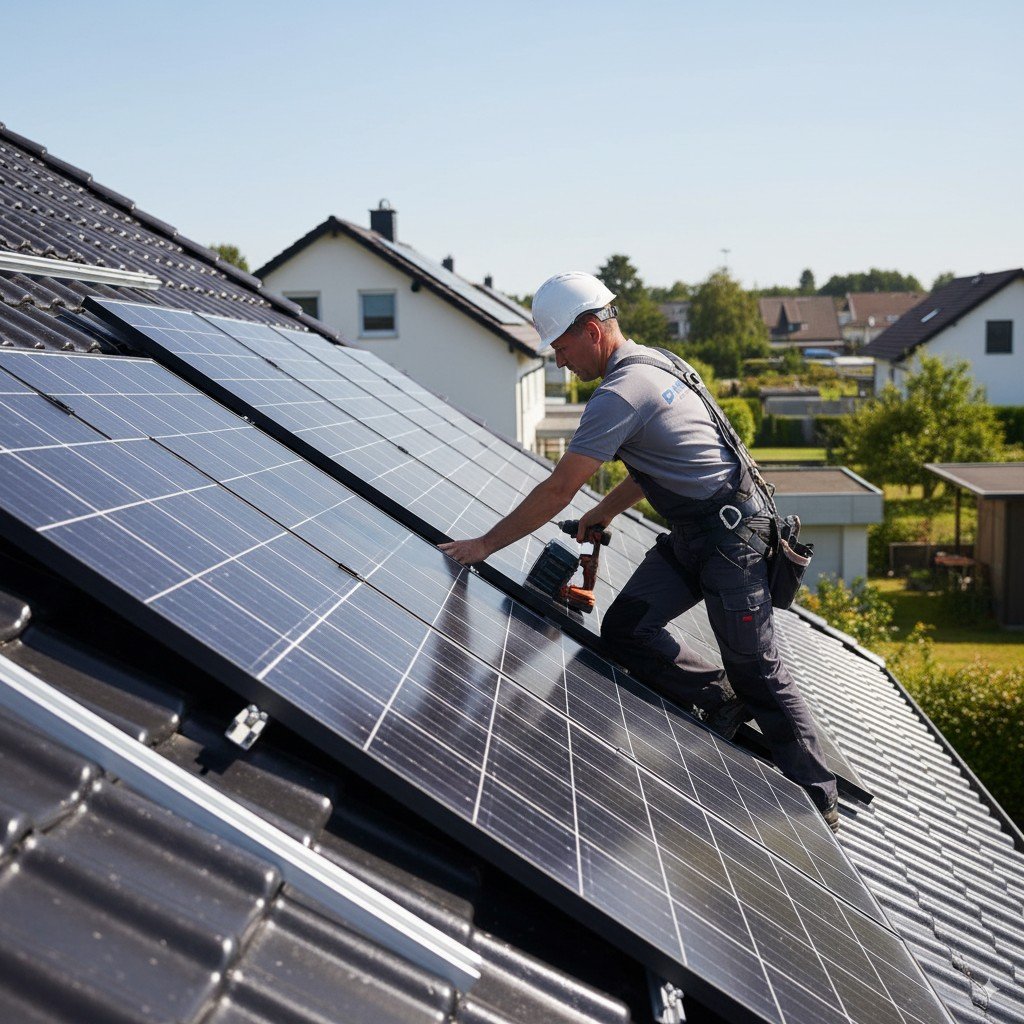 Técnico realizando instalação de painéis de energia solar residencial em telhado.