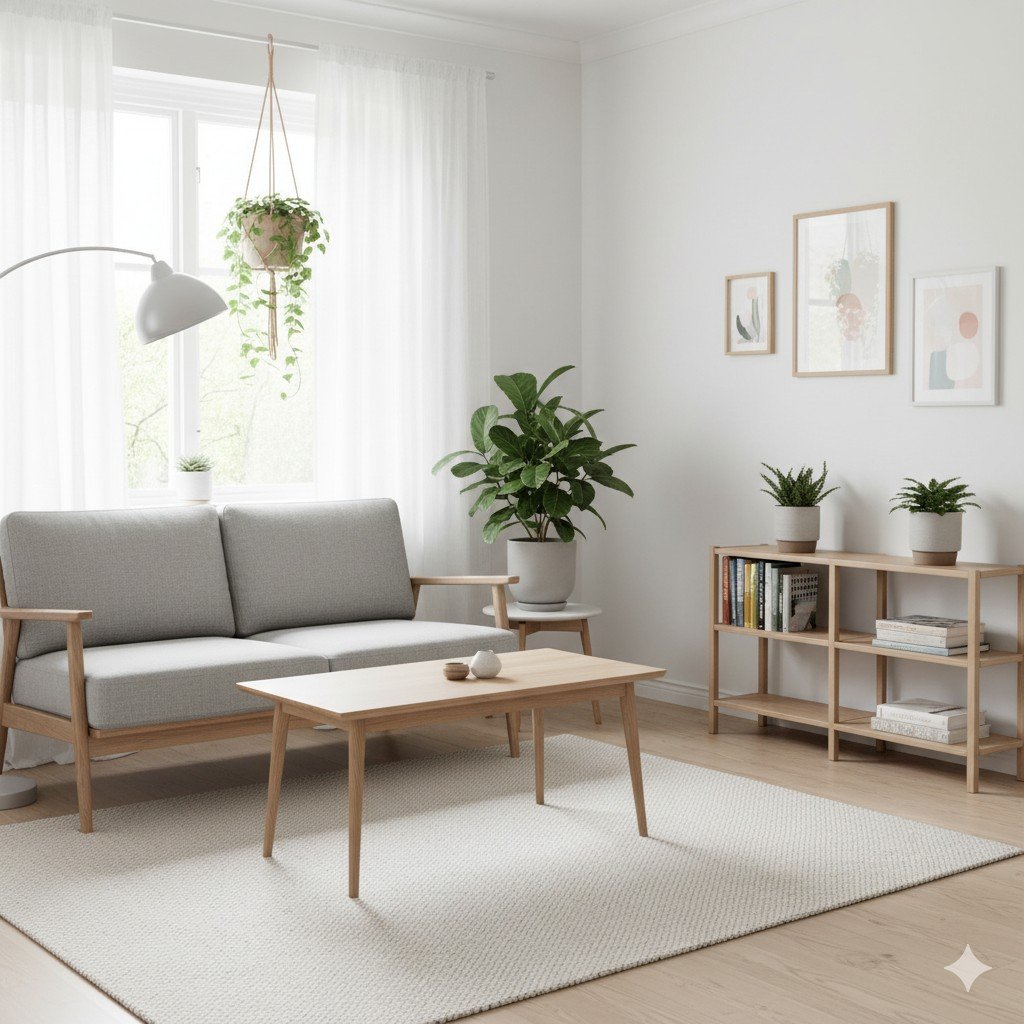 Foto realista de sala escandinava com móveis de madeira clara certificada, iluminação natural e plantas. estilo escandinavo