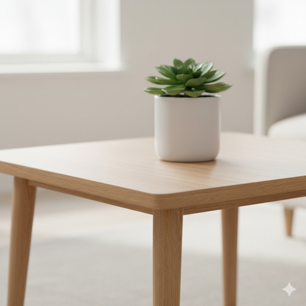 Close-up realista de mesa escandinava feita em madeira certificada com vaso de planta minimalista.