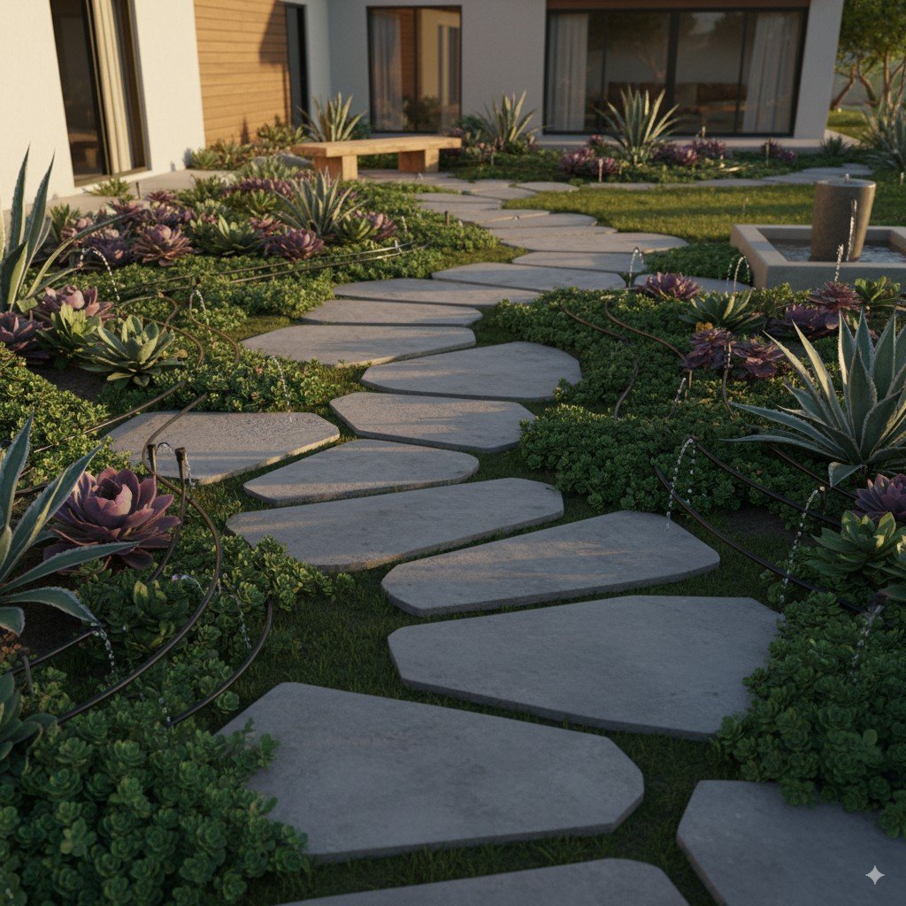 Renderização de um quintal com gramado reduzido, caminhos de pedra, suculentas e irrigação automatizada por gotejamento. jardim sustentável