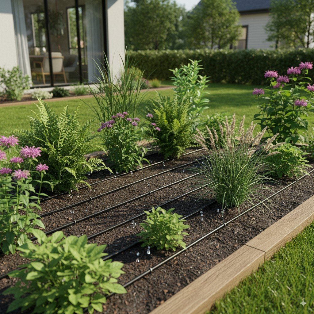 Pequeno jardim residencial com plantas nativas e sistema de irrigação por gotejamento.