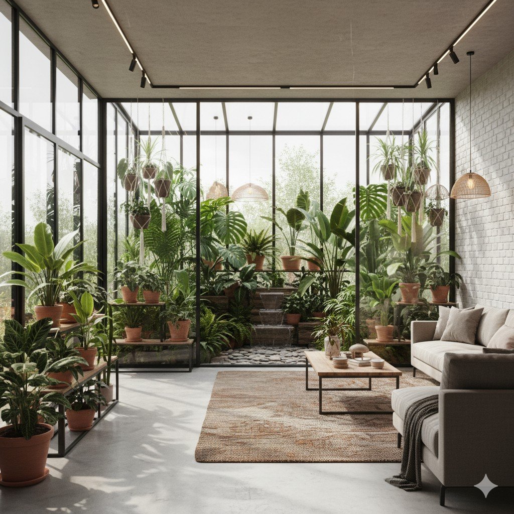 Foto realista de sala moderna com jardim de inverno sustentável decorado com plantas tropicais e iluminação natural.