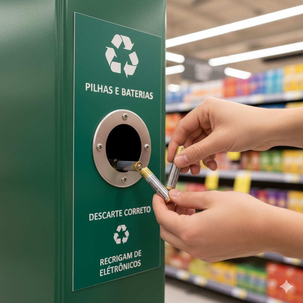 Pessoa colocando pilhas usadas num ponto de coleta. descarte correto