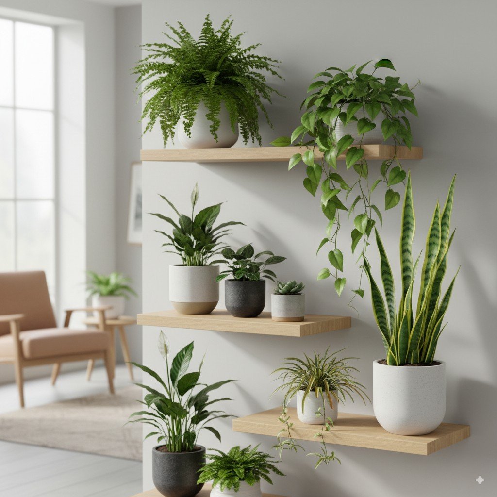 Coleção de vasos com plantas purificadoras em estantes de madeira, ambiente iluminado naturalmente.