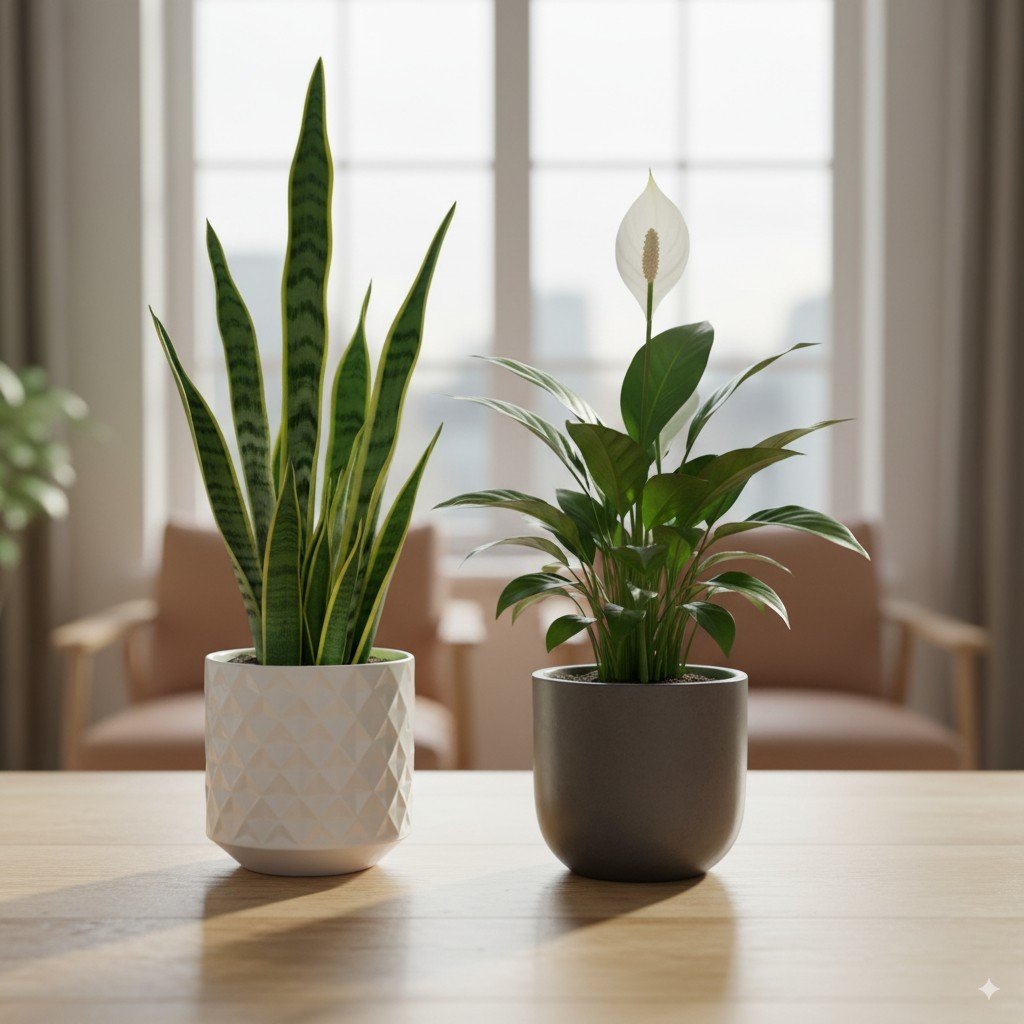 Close‑up de folhas verdes de Espada‑de‑São‑Jorge e Lírio‑da‑Paz sob luz natural difusa.