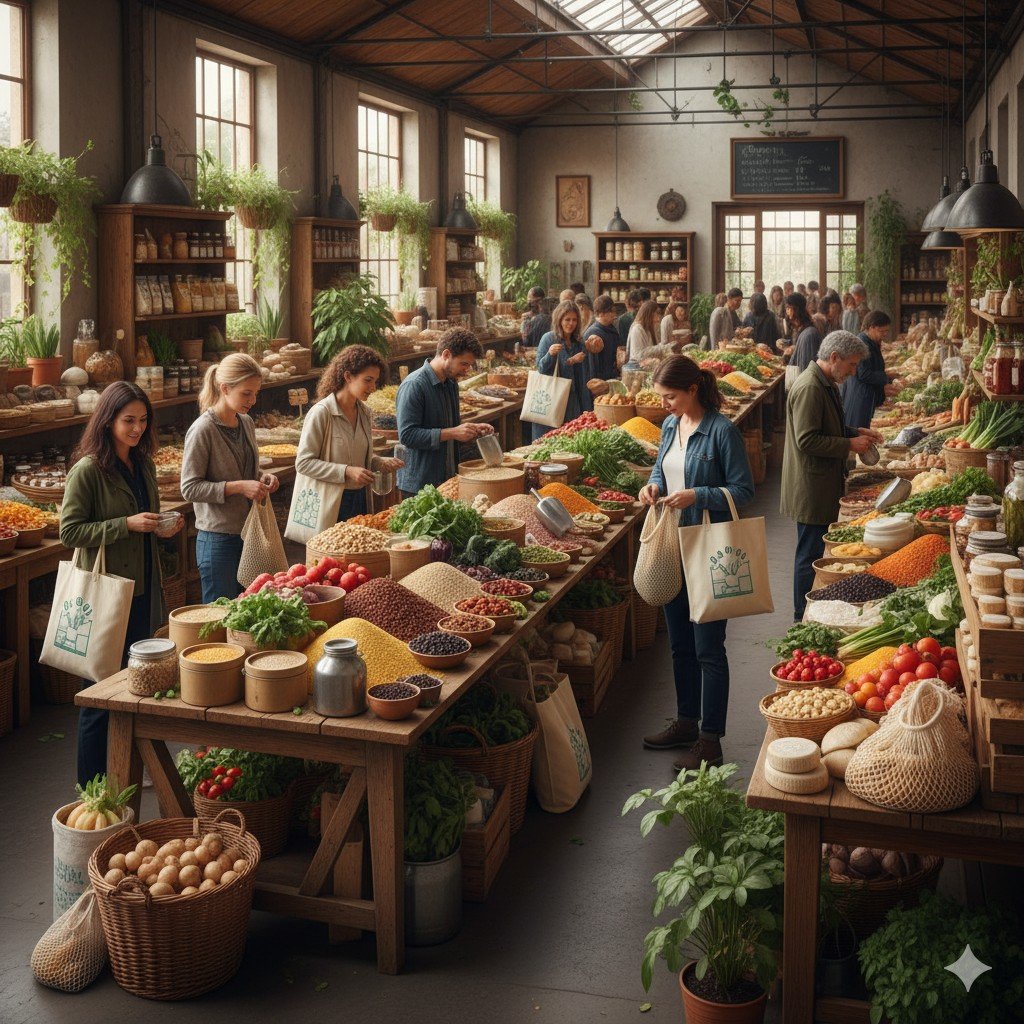 Vista ampla realista de mercado sustentável com alimentos vendidos a granel e clientes com sacolas de pano.