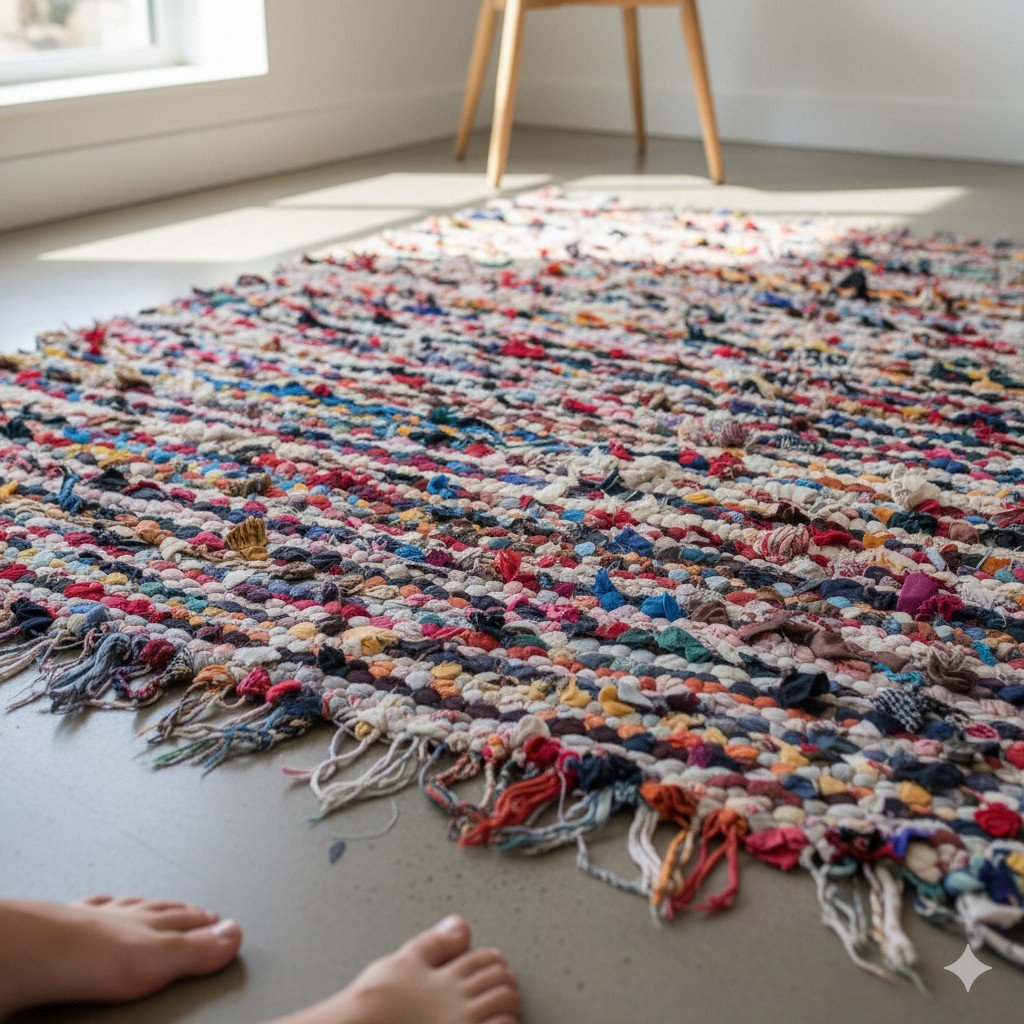 Foto realista de tapete artesanal colorido feito com retalhos de roupas velhas.
