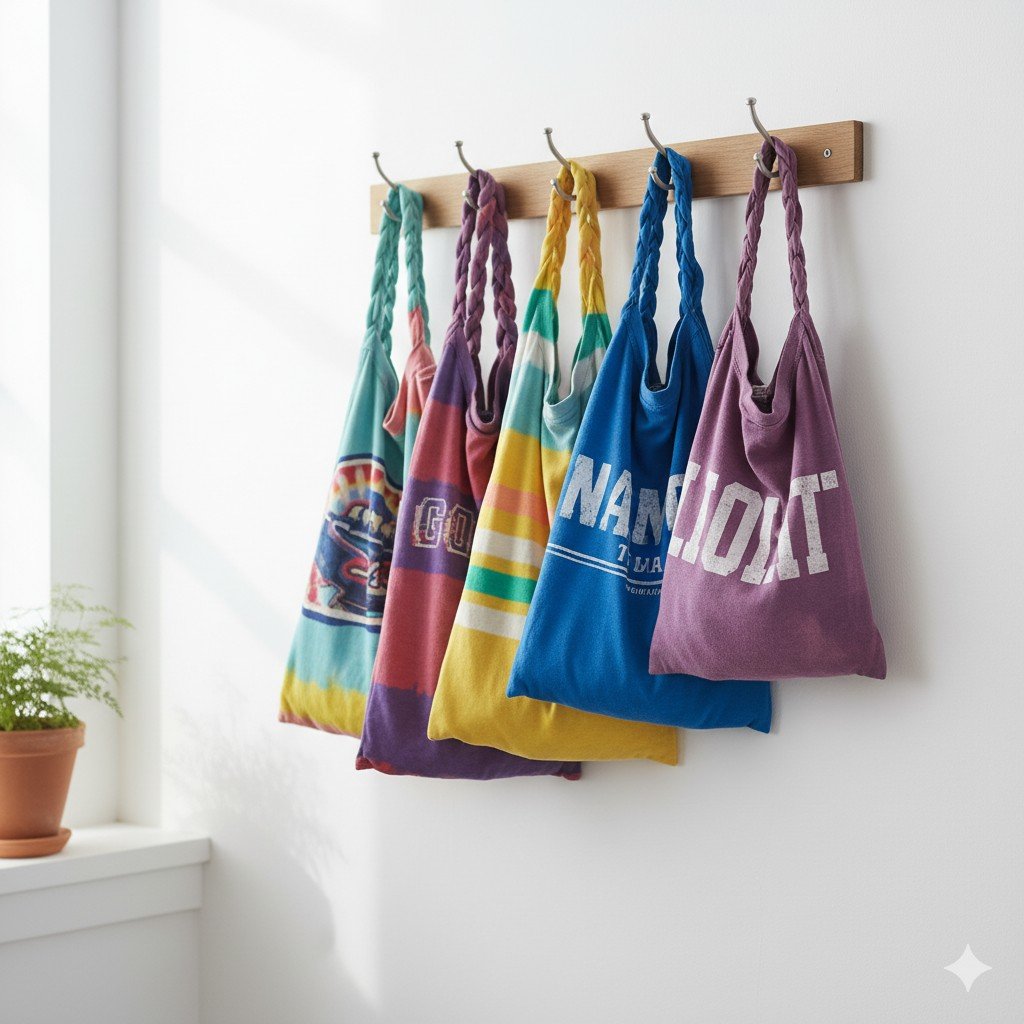 Foto realista de ecobags coloridas feitas a partir de camisetas velhas, penduradas em cabideiro.