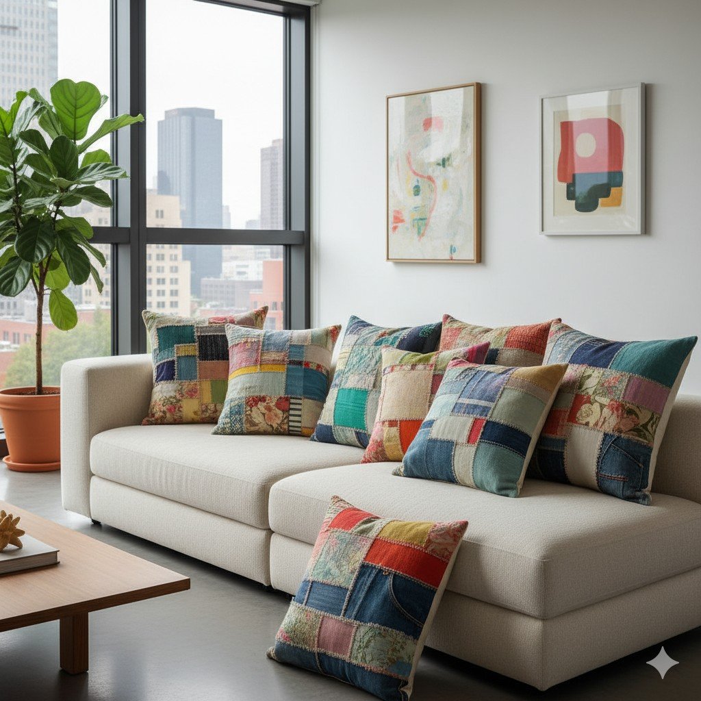 Foto realista de almofadas coloridas feitas com tecidos reaproveitados em sala moderna.