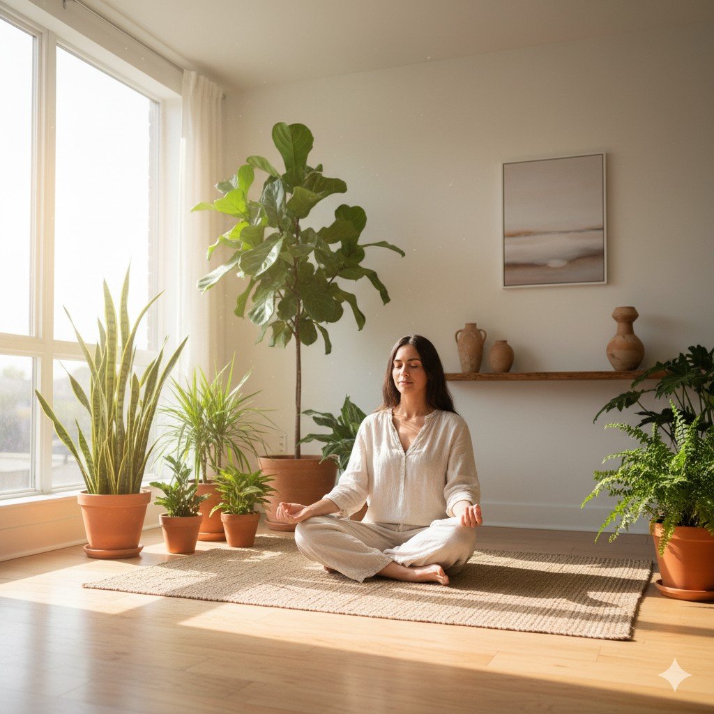 Mulher de 35 anos meditando em postura de lótus em sala minimalista com plantas Espada-de-São-Jorge e luz natural entrando por janela ampla bem-estar sustentável