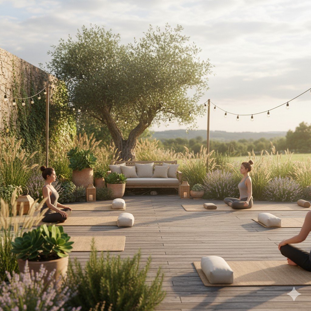 Vista ampla de área externa com jardim vertical, espaço de yoga com tapete ecológico e iluminação natural filtrada por árvores