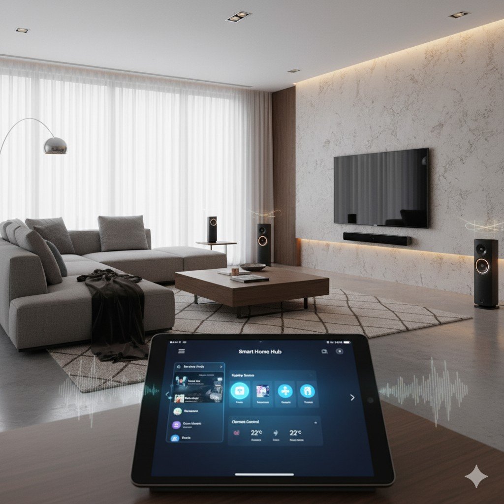 Foto realista de sala moderna com caixas de som inteligentes integradas a um sistema de automação residencial. automação sonora sustentável